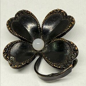 Antique brooch pin black 4 leaf clover signed moonstone unusual gothic Victorian